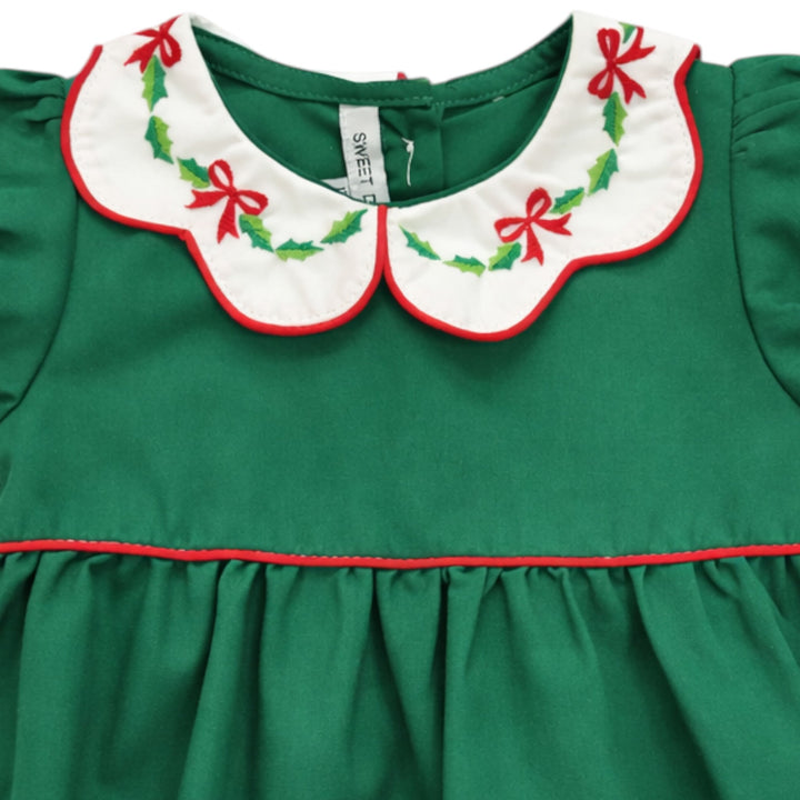 That Store girls green cotton bubble featuring a white scallop collar with red bow and holly embroidery