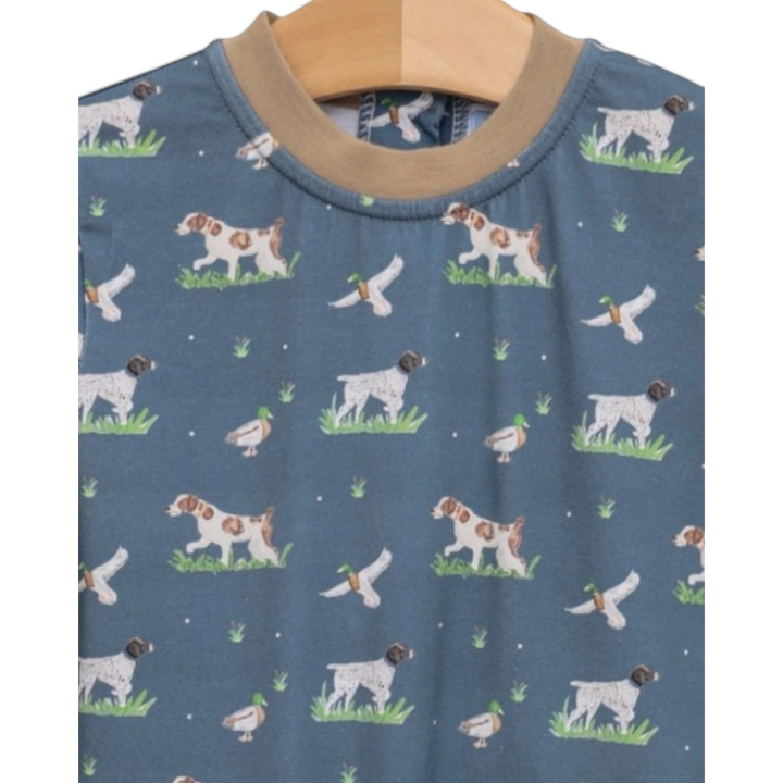 That Store green cotton romper featuring a hunting dog and duck print for baby boys