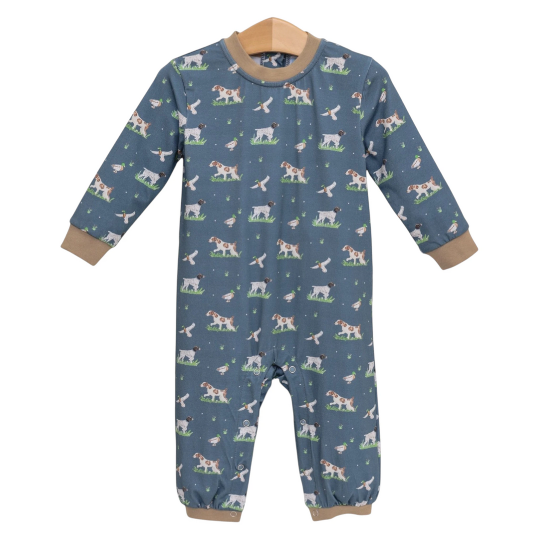 That Store green cotton romper for baby boys featuring a hunting dog and duck print with brown ribbed trim