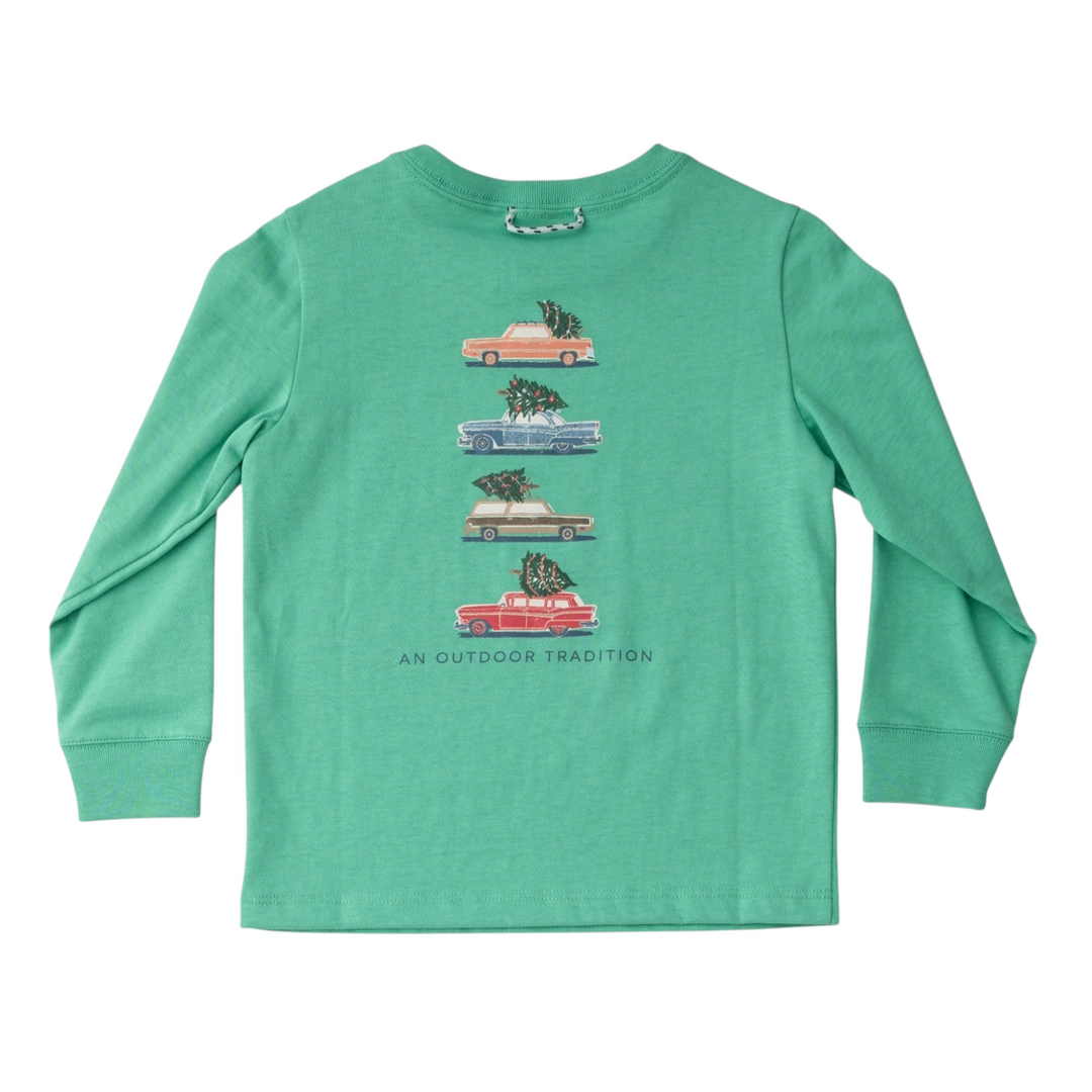 That Store green spruce long sleeve cotton t-shirt for kids featuring a vintage car Christmas tree graphic on the back