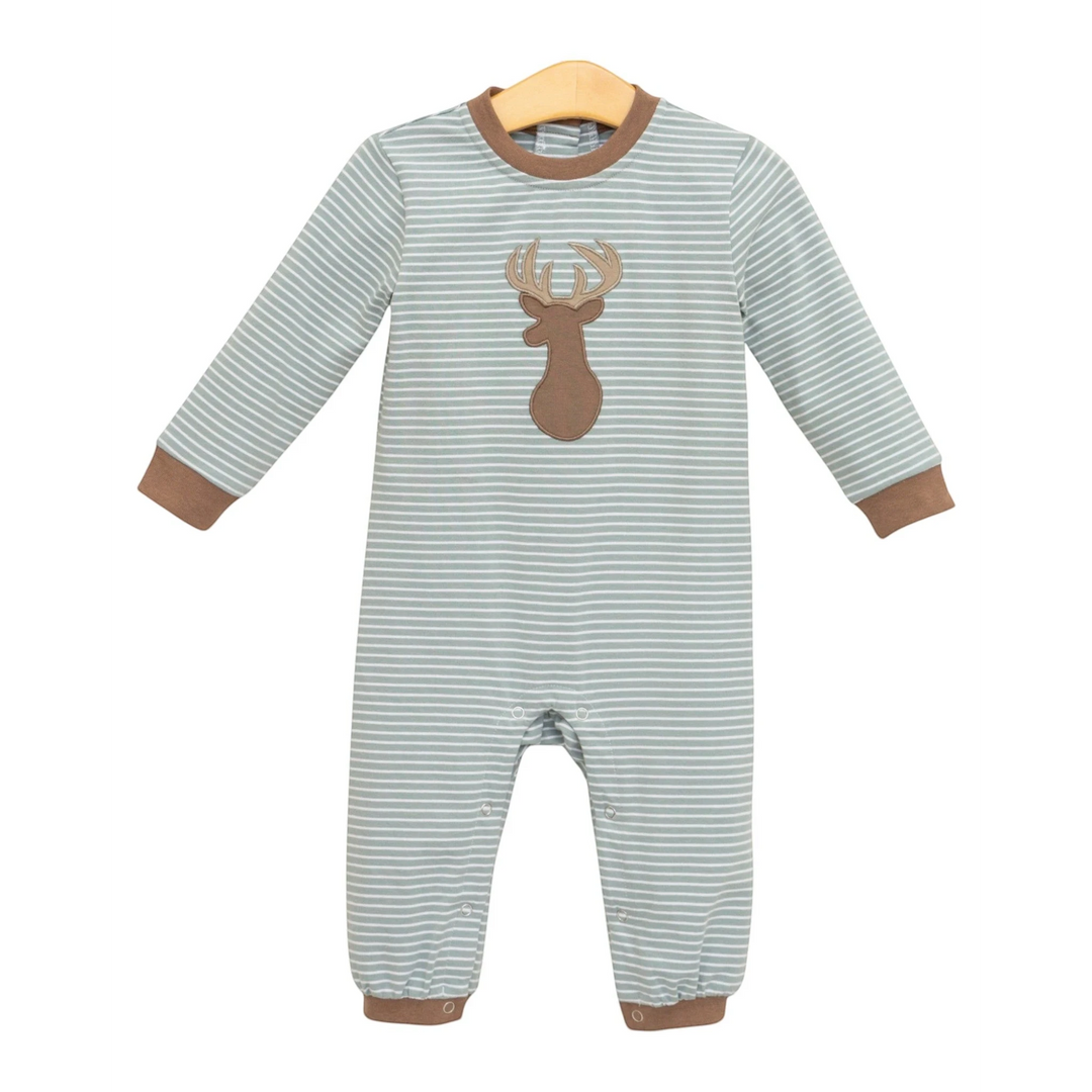 That Store boys romper in green and white stripes with a brown deer embroidery, long sleeves, and cotton blend fabric.