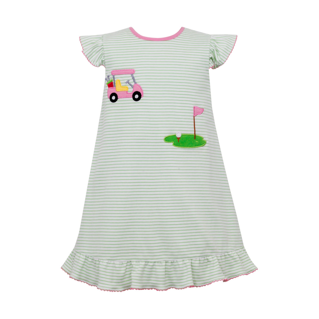 That Store green striped knit dress with pink golf cart and putting green applique, angel sleeves, and ruffled hem.
