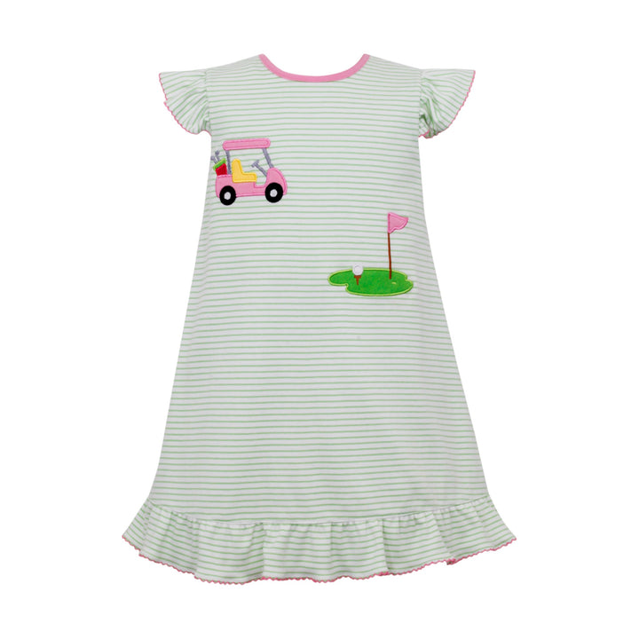 That Store green striped knit dress with pink golf cart and putting green applique, angel sleeves, and ruffled hem.