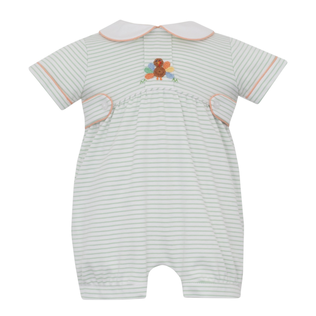 That Store boys green stripe knit bubble romper featuring a crochet turkey appliqué and white peter pan collar.
