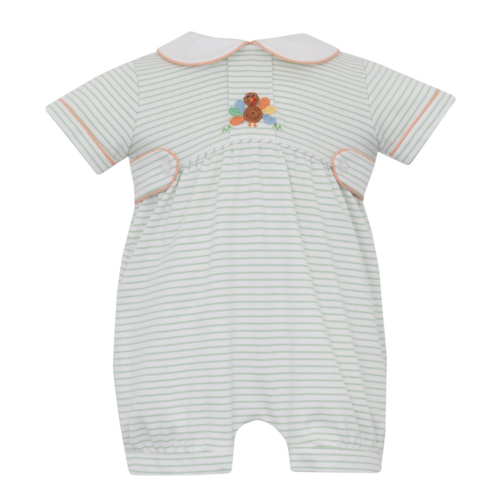 That Store boys green stripe knit bubble romper featuring a crochet turkey appliqué and white peter pan collar.