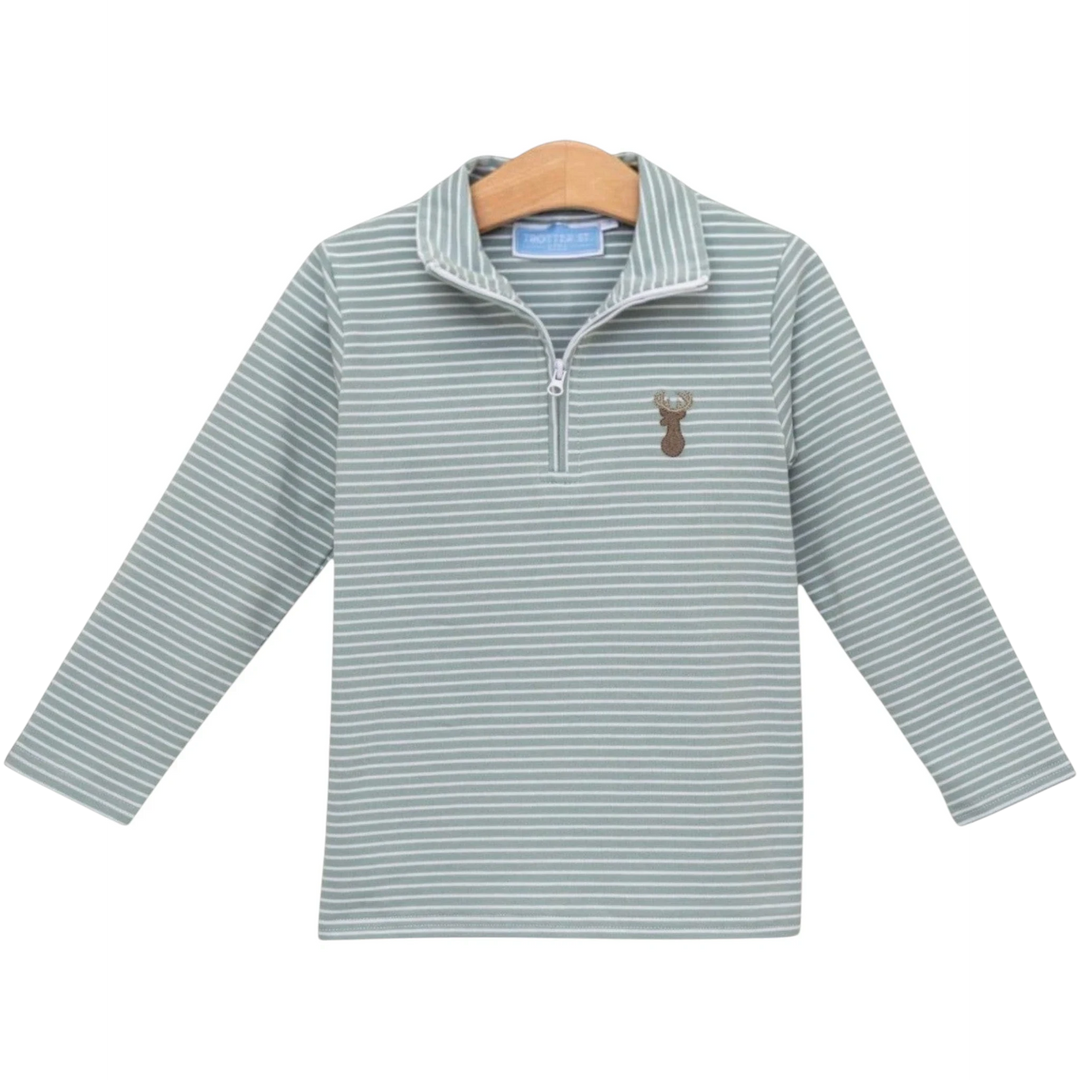 That Store boys green striped quarter-zip pullover with a small embroidered deer motif on soft knit fabric