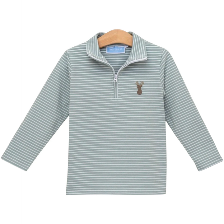 That Store boys green striped quarter-zip pullover with a small embroidered deer motif on soft knit fabric