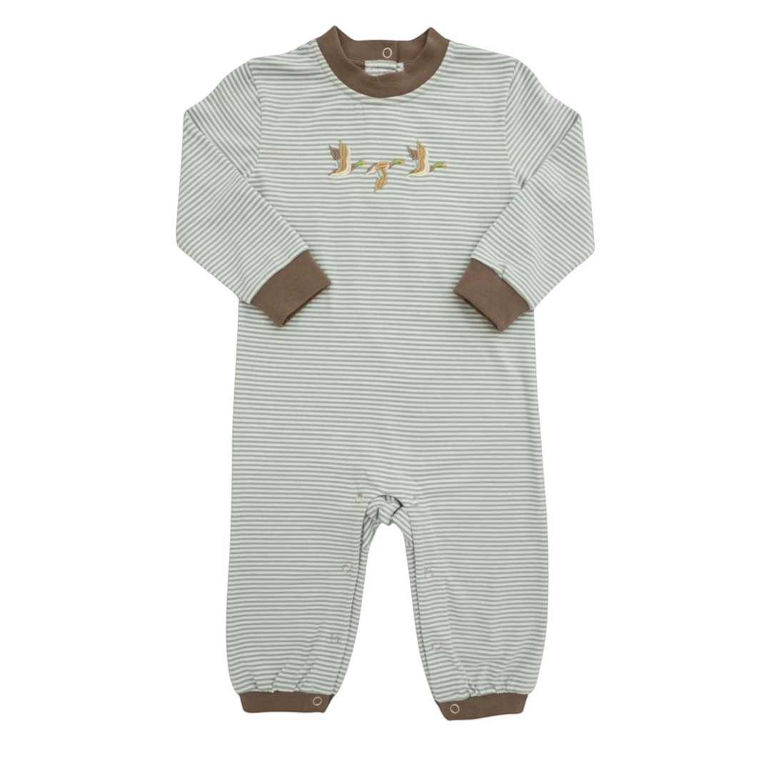 That Store boys romper in green stripes with mallard duck embroidery and brown trim details.