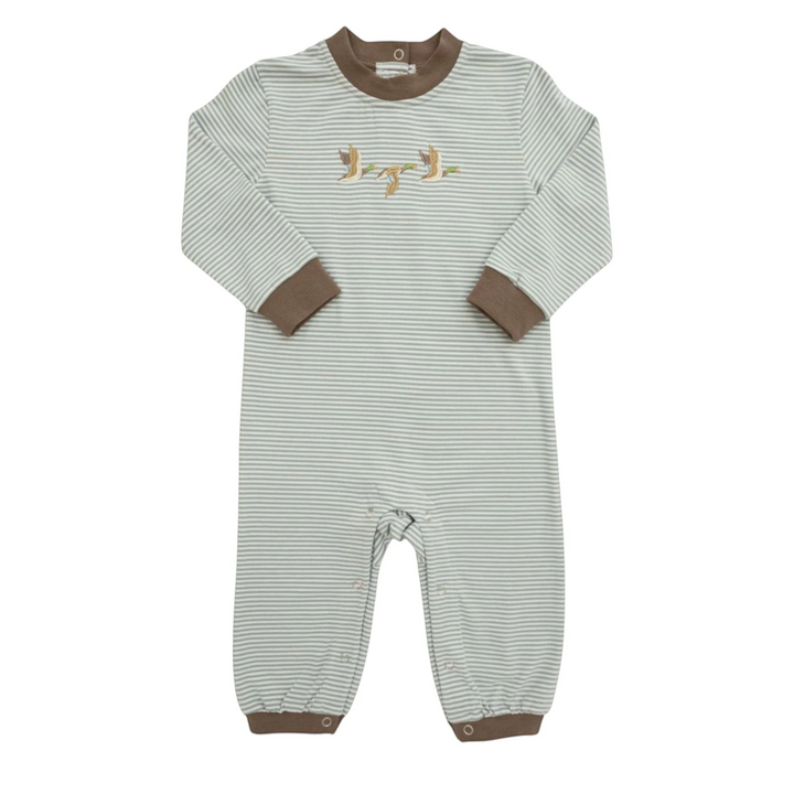 That Store boys romper in green stripes with mallard duck embroidery and brown trim details.