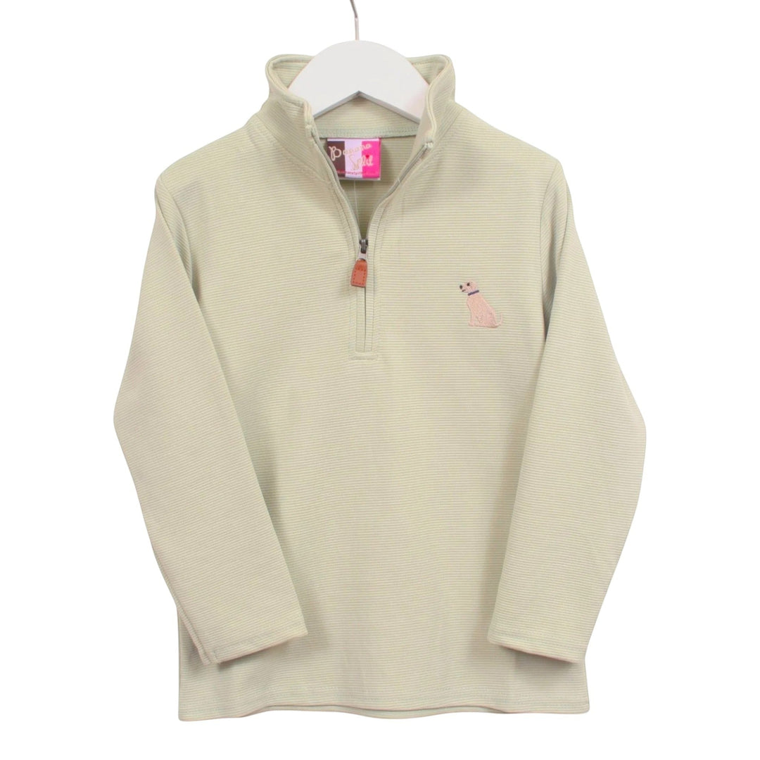 That Store boys green striped quarter-zip pullover with an embroidered puppy design on a white hanger