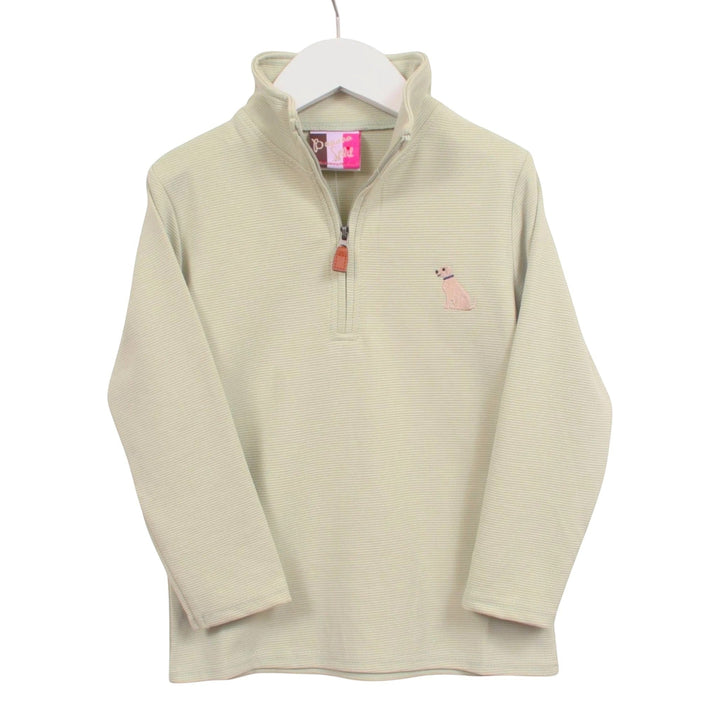 That Store boys green striped quarter-zip pullover with an embroidered puppy design on a white hanger