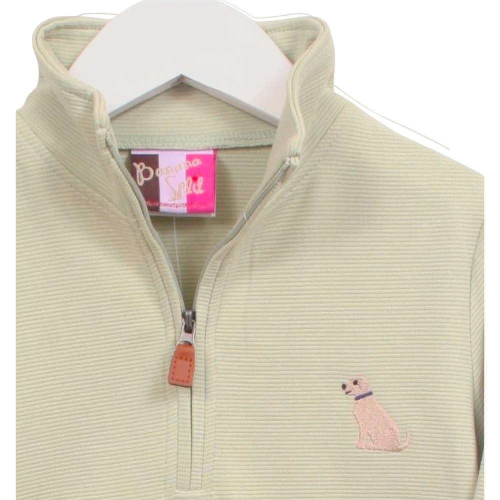 That Store green striped boys quarter-zip pullover with an embroidered puppy design on a white hanger