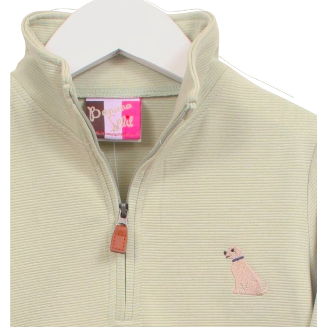 That Store green striped boys quarter-zip pullover with an embroidered puppy design on a white hanger