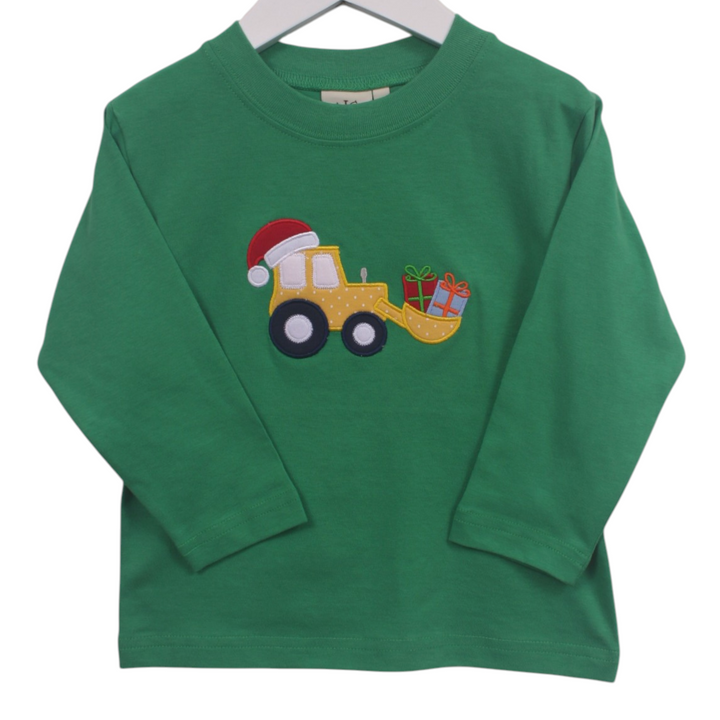 That Store green long-sleeve boys tee featuring a yellow tractor wearing a Santa hat and carrying Christmas gifts.