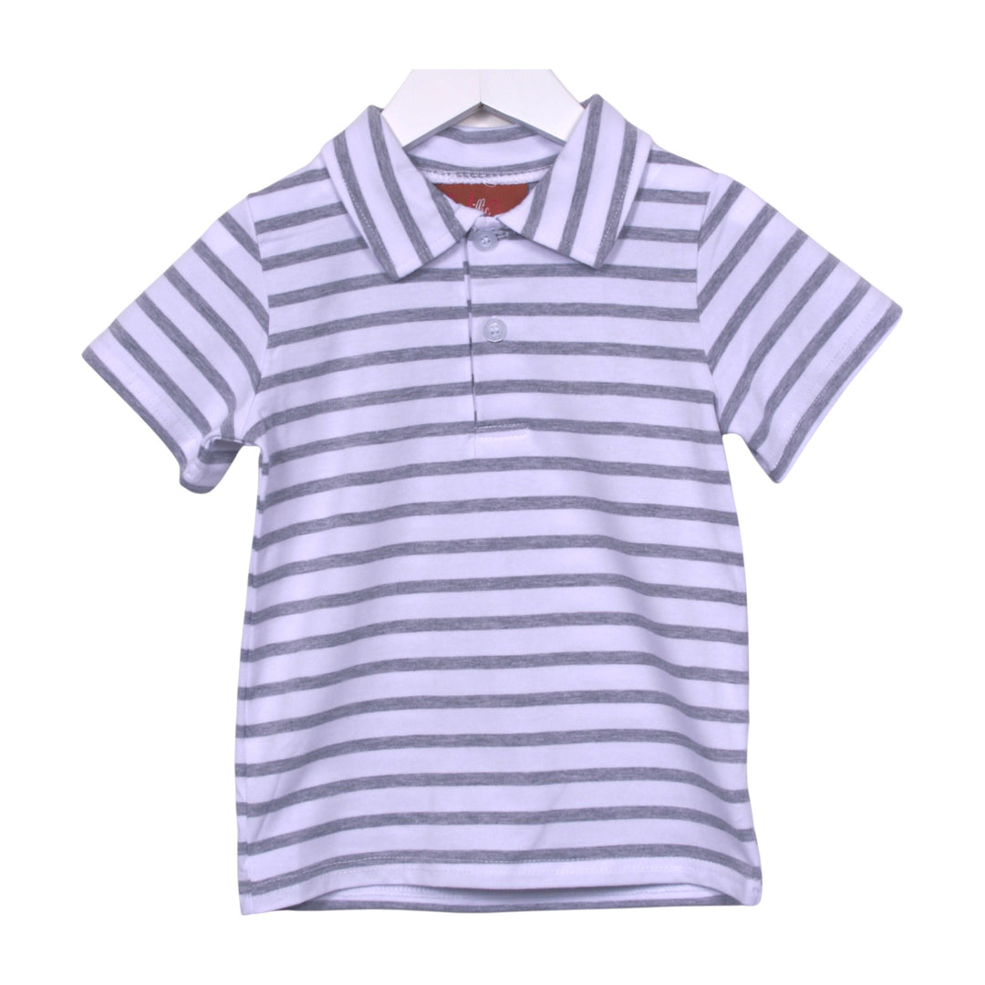 That Store Bennett grey and white striped short-sleeve polo shirt for boys with a classic collar and button placket.