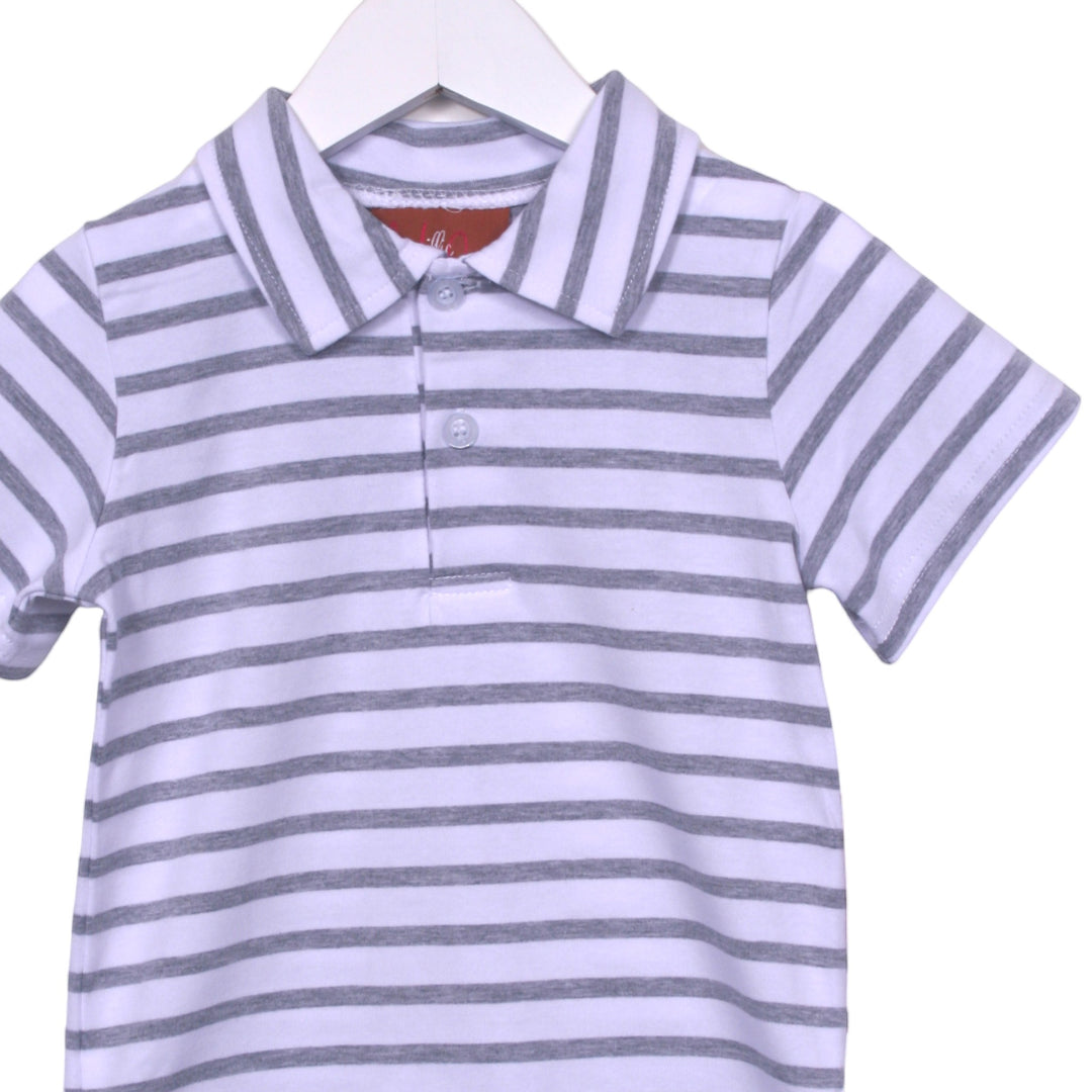 That Store Bennett grey and white striped short-sleeve polo shirt for boys on a white hanger