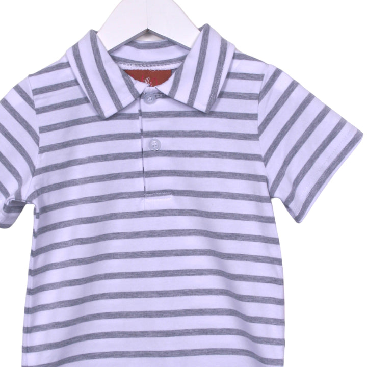 That Store Bennett grey and white striped short-sleeve polo shirt for boys on a white hanger