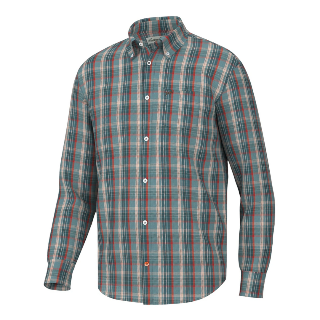 That Store Hadley youth button down shirt in a teal and red plaid pattern with moisture-wicking stretch fabric