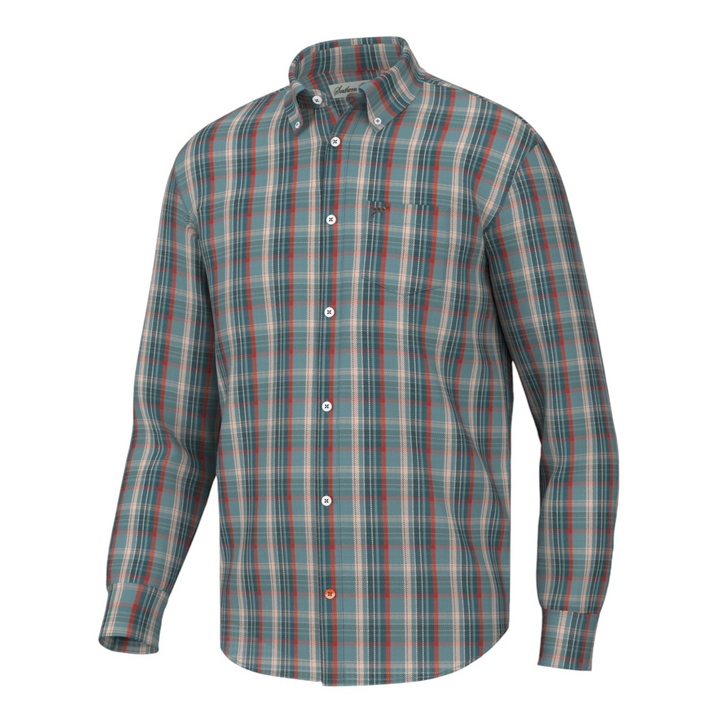 That Store Hadley youth button down shirt in a teal and red plaid pattern with moisture-wicking stretch fabric