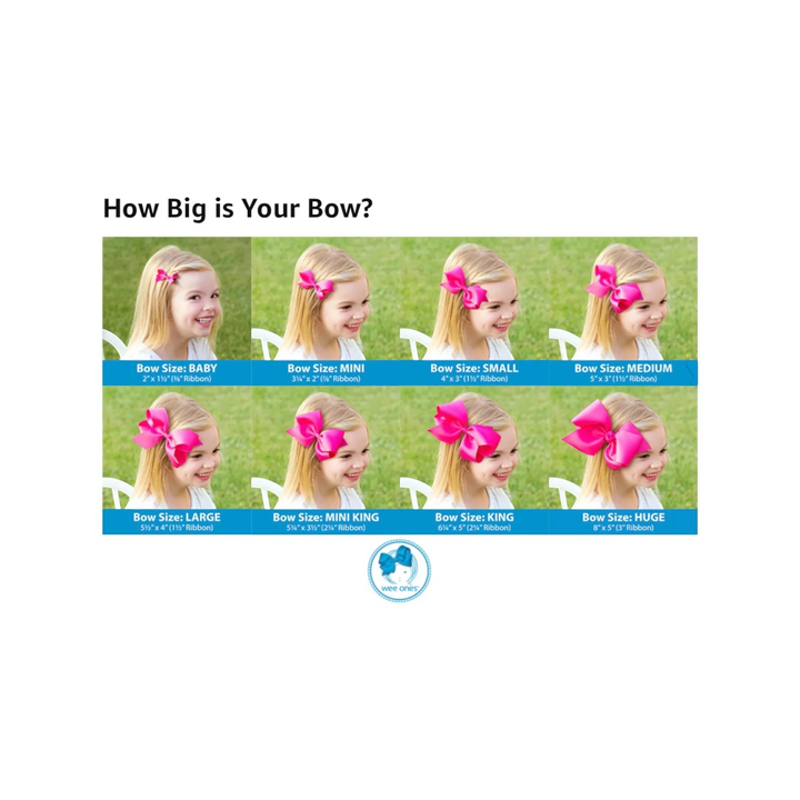 That Store size comparison chart for grosgrain hair bows showing various sizes on a young girl