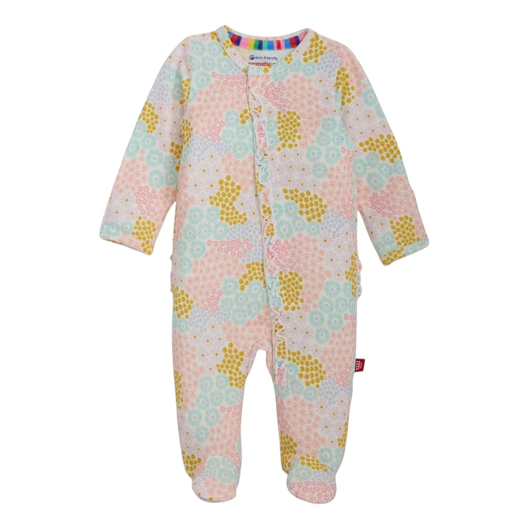 That Store Harper magnetic modal baby footie in a pastel floral print with easy-access magnetic closures.
