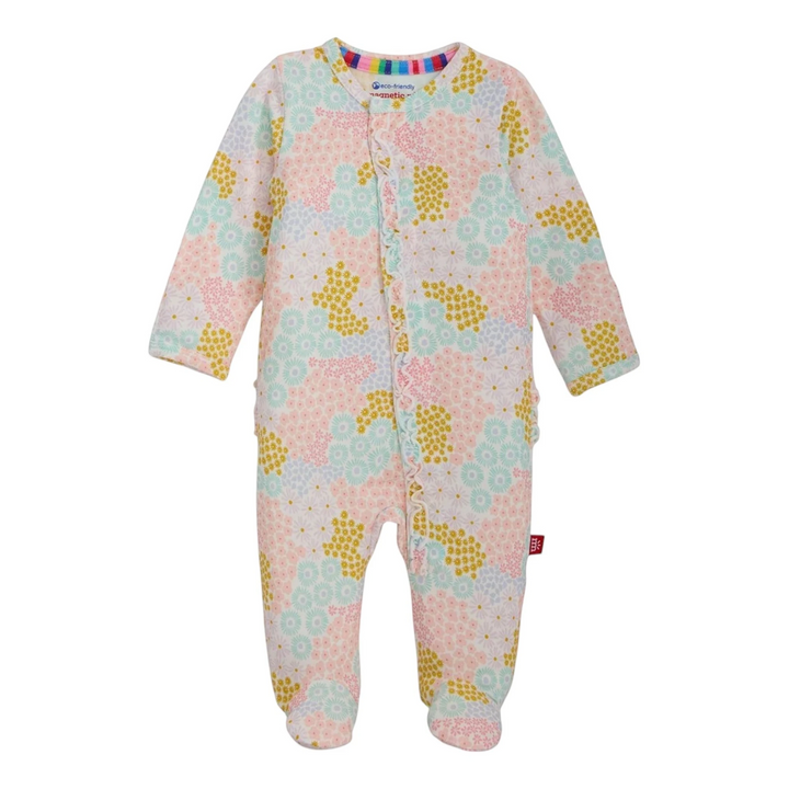 That Store Harper magnetic modal baby footie in a pastel floral print with easy-access magnetic closures.