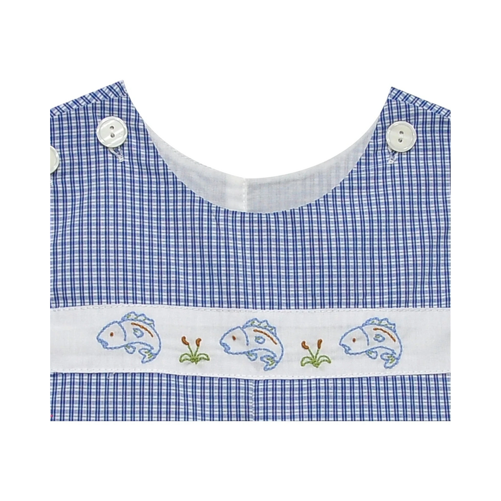 That Store boys shortall in Hayes Blue gingham with white button straps and embroidered bass fish detail