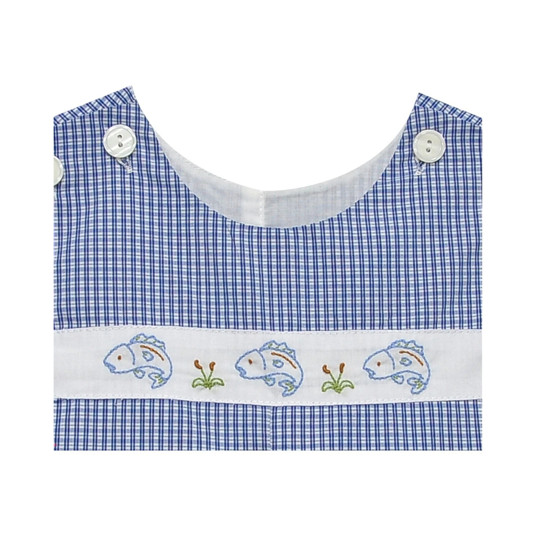 That Store boys shortall in Hayes Blue gingham with white button straps and embroidered bass fish detail