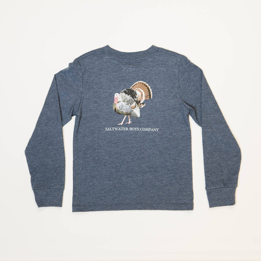 That Store heather blue long sleeve boys tee with a turkey graphic on the back for Thanksgiving and fall wear.