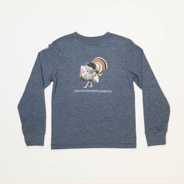 That Store heather blue long sleeve boys tee with a turkey graphic on the back for Thanksgiving and fall wear.