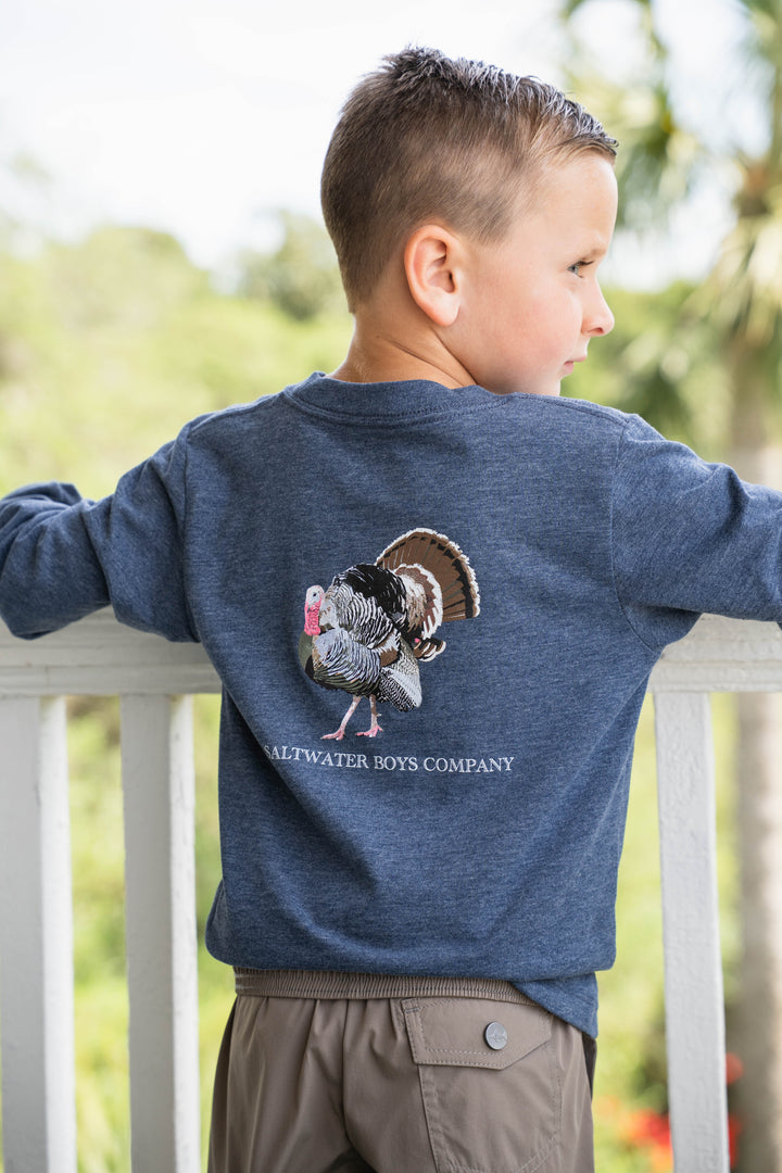 That Store heather blue long sleeve boys tee featuring a detailed turkey graphic on the back