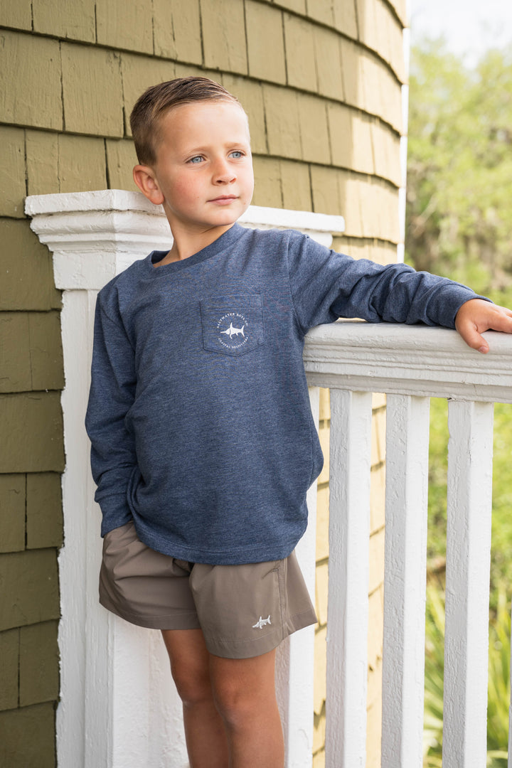 That Store heather blue long sleeve boys tee with a turkey graphic, perfect for fall and Thanksgiving outfits.