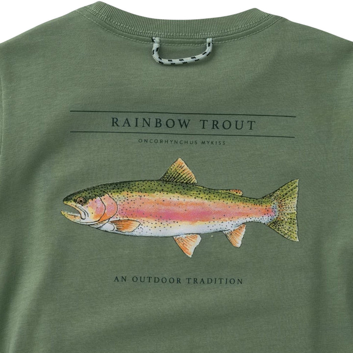 That Store hedge green cotton t-shirt featuring a detailed rainbow trout graphic on the back with a neck loop