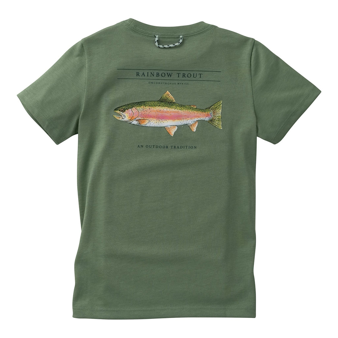 That Store hedge green cotton t-shirt for kids featuring a detailed rainbow trout graphic on the back