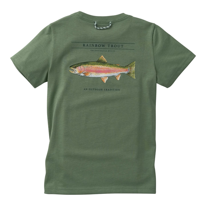 That Store hedge green cotton t-shirt for kids featuring a detailed rainbow trout graphic on the back