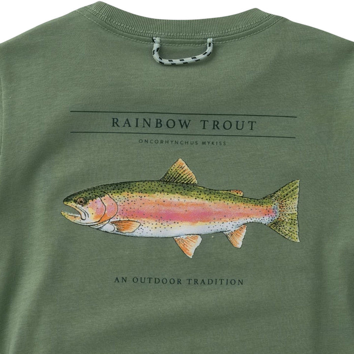 That Store hedge green cotton t-shirt featuring a detailed rainbow trout graphic on the back and a neck loop.