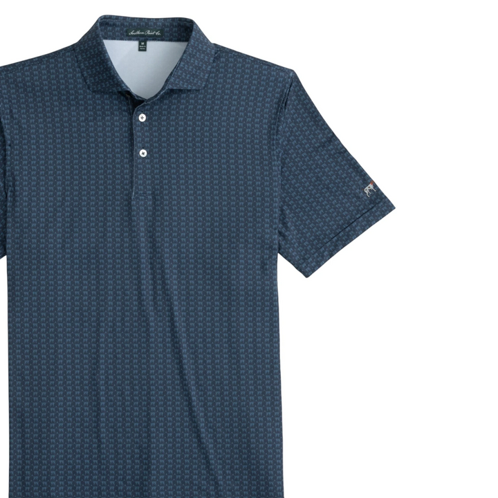 That Store Heritage Youth polo shirt in navy blue with a greyton print, featuring a three-button placket.