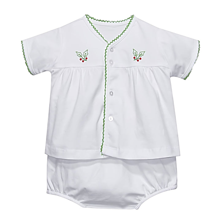 That Store white unisex diaper set with green picot trim and festive holly berry embroidery on the button-down top.