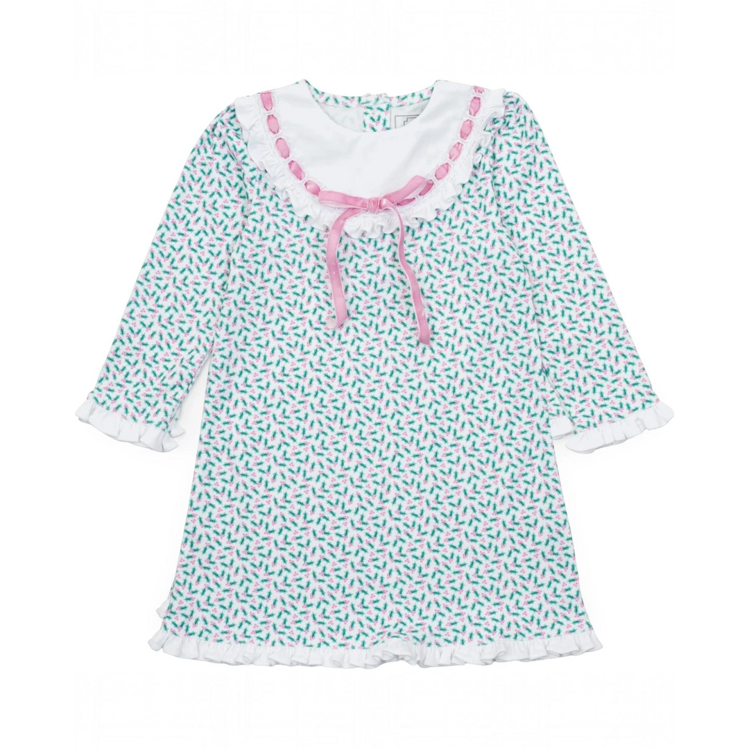 That Store girls' vintage pima cotton dress with holly print, white lace trim, and a pink velvet ribbon bow.