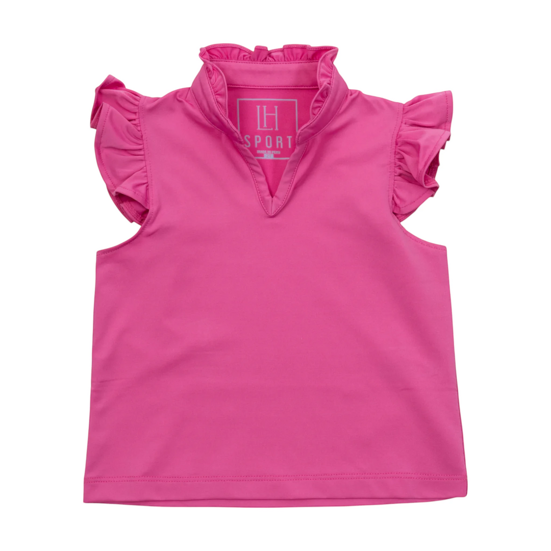That Store LH Sport girls' hot pink sleeveless performance top with ruffled sleeves and collar