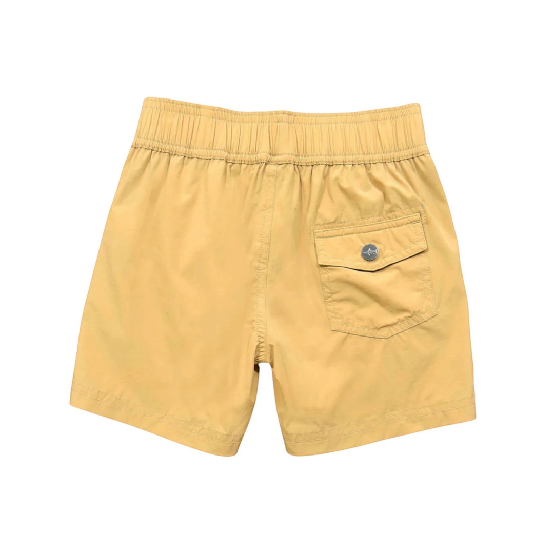 That Store Inlet boys performance shorts in khaki with an elastic waistband and a buttoned back pocket.