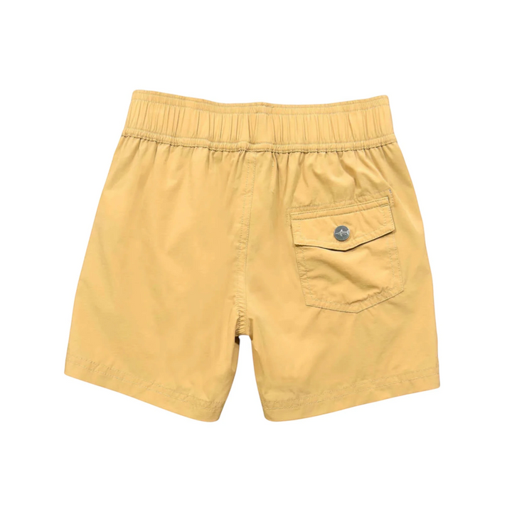 That Store Inlet boys performance shorts in khaki with an elastic waistband and a buttoned back pocket.