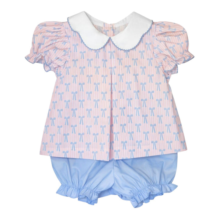 That Store Isabelle girls bloomer set featuring a pink striped top with blue bows, white collar, and blue bloomers.