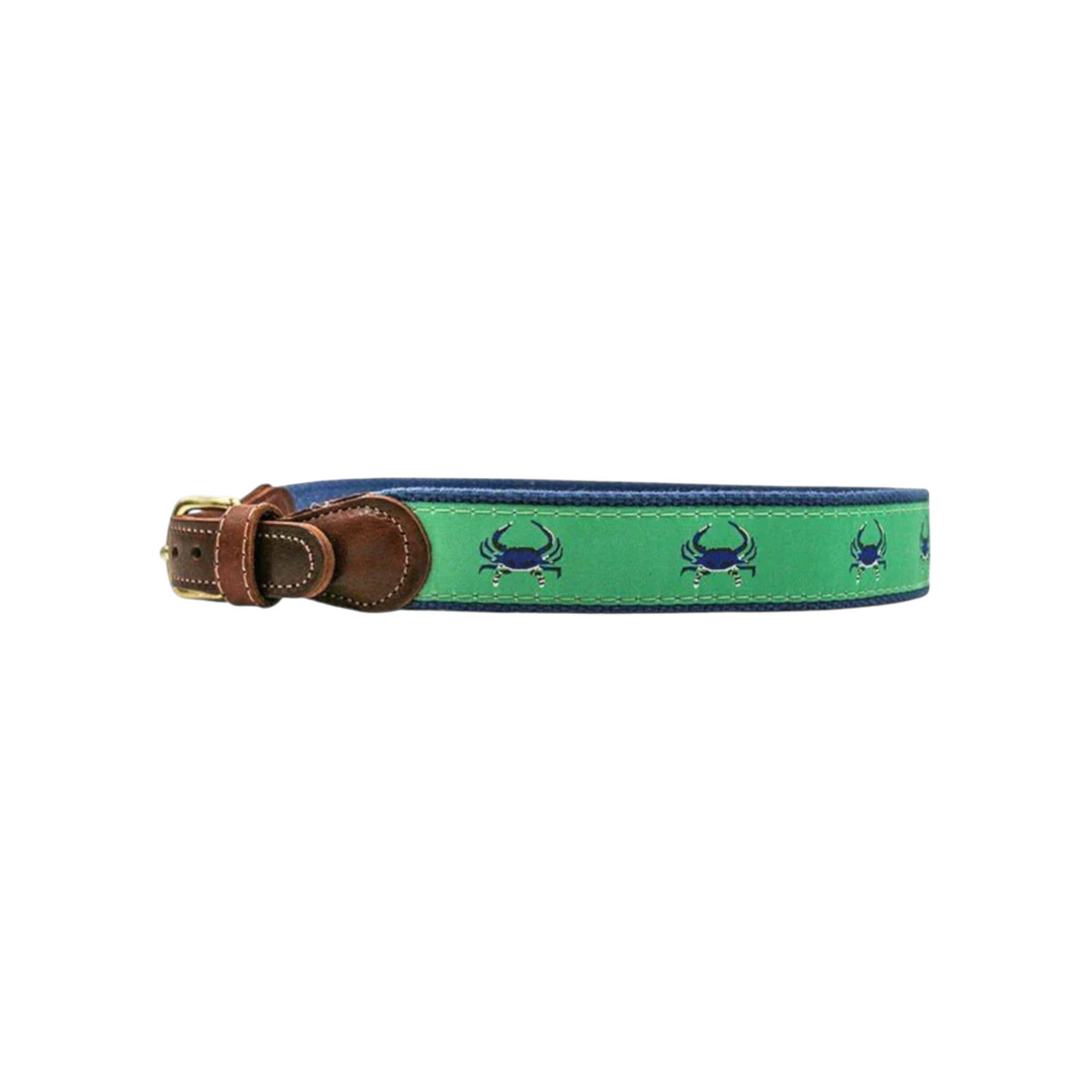 That Store J Bailey crab belt in green and blue with brown leather accents and a brass buckle for boys.