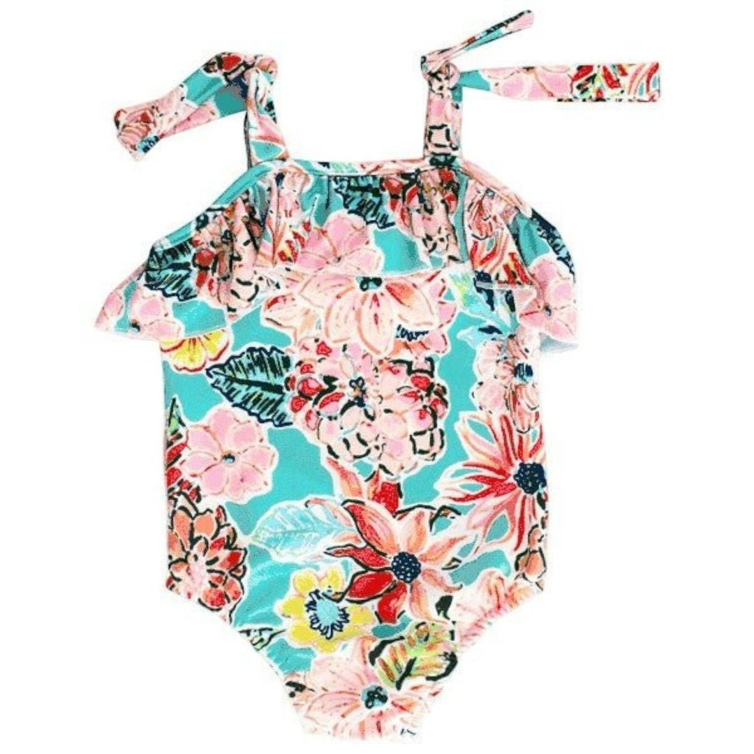 That Store J Bailey one-piece swimsuit in turquoise and pink floral print with ruffled front and tie-shoulder straps.