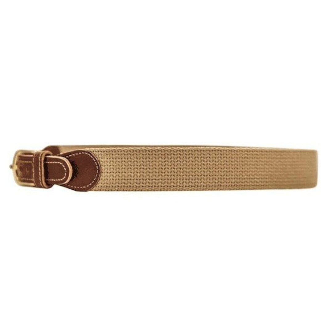 That Store J Bailey khaki woven belt with brown leather accents and a metal buckle for boys