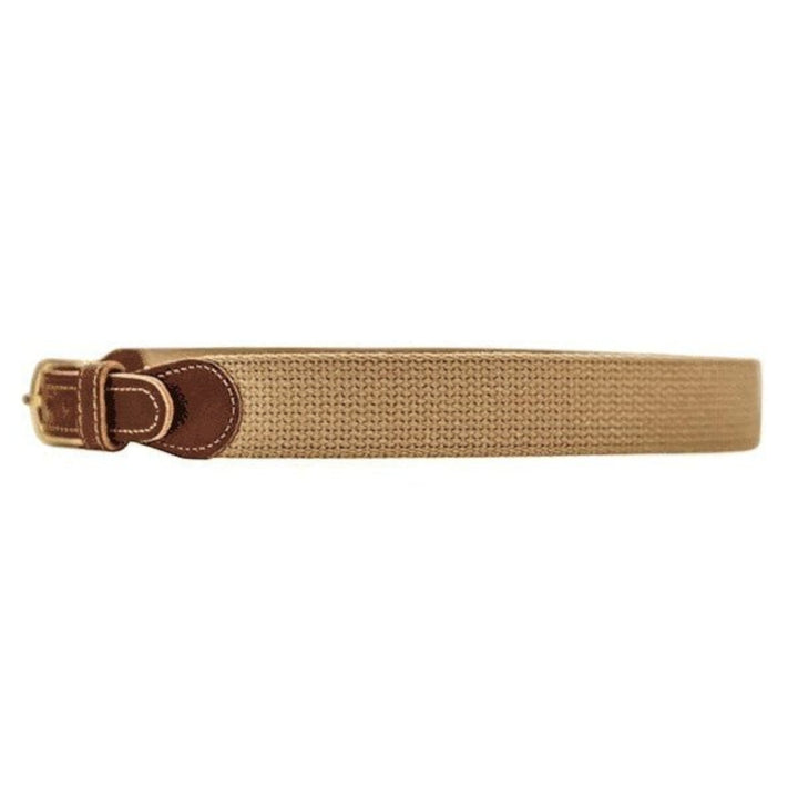 That Store J Bailey khaki woven belt with brown leather accents and a metal buckle for boys