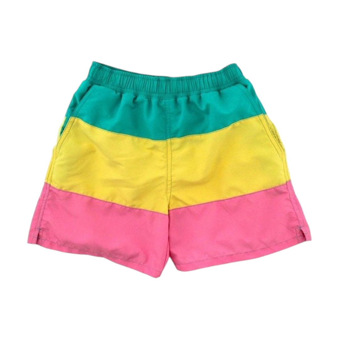That Store J Bailey Retreat swim trunks featuring a color-blocked design in teal, yellow, and pink quick-dry fabric.