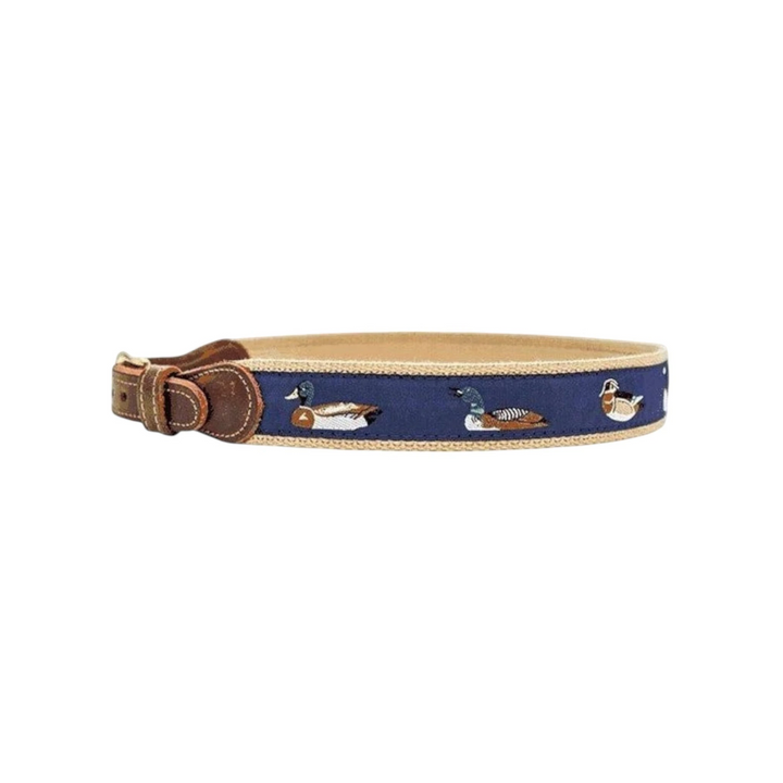 That Store J Bailey Water Fowl belt in blue with embroidered duck pattern, leather accents, and adjustable buckle.