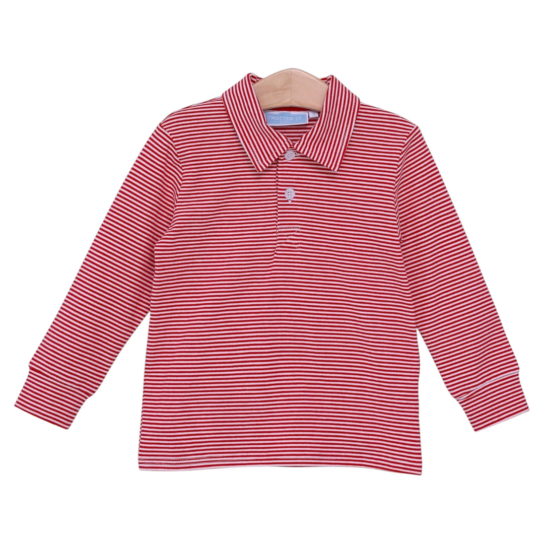That Store Jackson long-sleeve polo shirt for boys featuring a vibrant red and white horizontal stripe pattern.